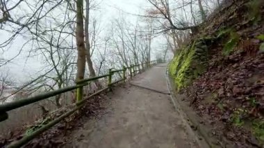 Dar bir yaya yolu, kalın yeşil yosunlarla kaplı taş bir istinat duvarının yanında bir orman yamacına dönüşür. İzler, sisli bir kış gökyüzünün altında sarp bir yamaçta kırsal bir ahşap korkuluk ve çıplak ağaçlardan oluşuyor..