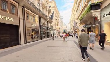 Viyana 'daki ünlü yaya caddesinin manzarası, lüks mağazaların vitrinlerini, tarihi mimariyi ve manzaranın sonundaki sarayın girişini gösteriyor. İnsanlar gün boyunca açık bir gökyüzünün altında lüks alışveriş bölgelerinde yürürler..