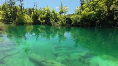 Hırvatistan 'ın Plitvice Gölleri Ulusal Parkı' ndaki açık mavi gökyüzü altında yemyeşil orman dağlarıyla çevrili canlı turkuaz Kozjak Gölü geniş bir manzara.