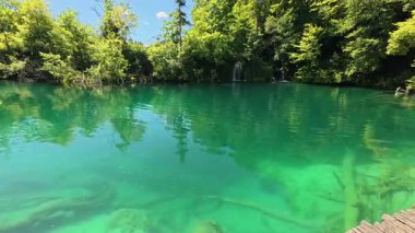 Hırvatistan 'ın Plitvice Lakes Ulusal Parkı' ndaki Kozjak Gölü 'nün canlı turkuaz sularının panoramik bir manzarası. Bereketli yeşil orman dağları berrak mavi gökyüzünün altında durgun suyun etrafını sarar..