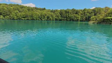 Sakin turkuaz tatlı su gölü videosu. Yumuşak dalgalar ve orman yansımaları doğal gün ışığında. Ticari stok kullanımı için uygun arka plan görüntüsü.