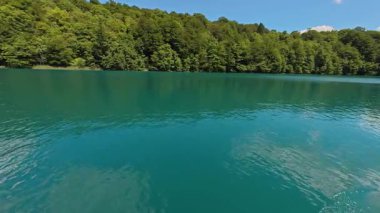 Derin mavi tatlı su gölünün videosu yumuşak yüzey hareketlerini ve parlak doğal gün ışığında sürekli bir ormanlık kıyı şeridini gösteriyor. Ticari stok kullanımı için uygun arka plan görüntüsü olarak.