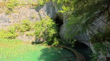 Kristal berraklığında turkuaz bir göl kayalık bir mağara girişinde. Etrafı kireçtaşı kayalıklarıyla çevrili, yemyeşil ağaçlar, sakin tatlı su, doğal gün ışığı, el değmemiş vahşi doğa, sakin atmosfer, ticari doğa görüntüleri için mükemmel..