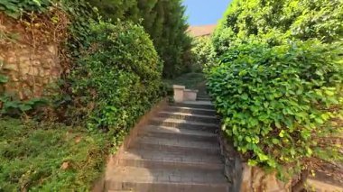Taştan bir merdiven, yemyeşil çalıların, sarmaşık kaplı taş duvarların ve küçük bir teras alanının bulunduğu canlı bir bahçe alanına çıkıyor..