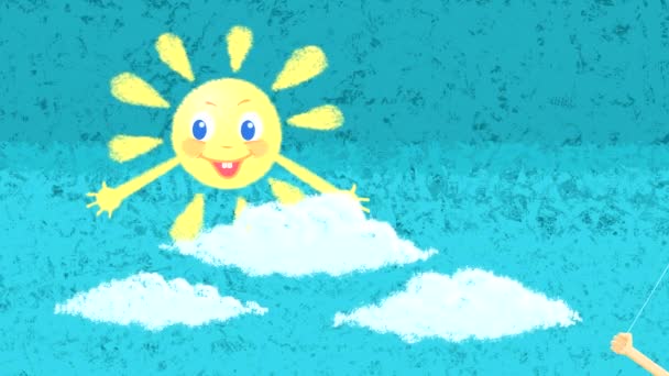 Animación Bucle Dibujo Sol Sonriente Contra Cielo Azul Con Nubes — Vídeo de stock