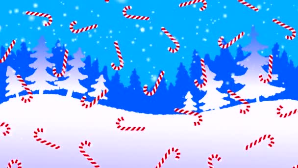 画的背景与夜间森林和降雪 为新年和圣诞节画简单的动画 蓝色的卡通 圣诞糖果手杖和文字一起从上方飘扬 — 图库视频影像
