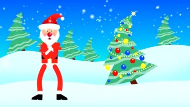 Noel Baba kardan bir arka plan ve kolları ve bacaklarıyla süslenmiş bir Noel ağacının karşısında duruyor. Çizilmiş karakterlerle döngülenmiş düz animasyon.