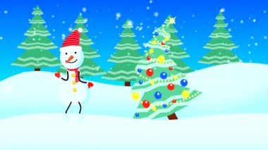 Bir kardan adam ormanda bir Noel ağacının yanında dans ediyor. Çizilmiş karakterlerle döngülenmiş düz animasyon.