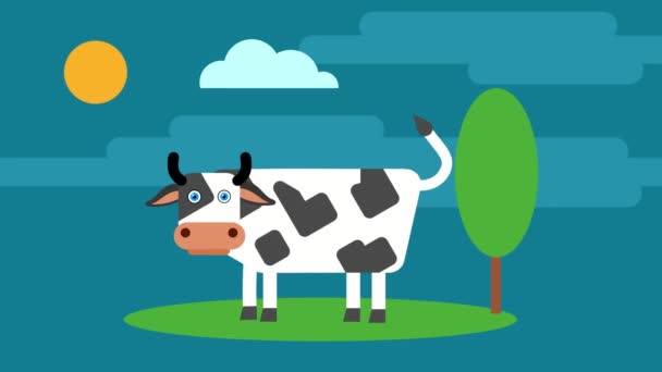 Cow Meadow Waving Its Head Tail Background Blue Sky Cloud — Stock Video