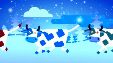 Siyah benekli beyaz inekler kar yağışı olan beyaz bir ormanın arka planında karda yürürler. Vücut ve göz hareketli düz evcil hayvanların döngülü animasyonu.