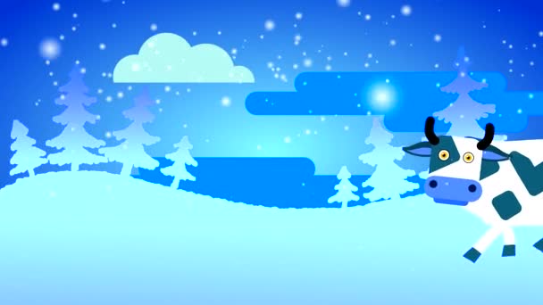 Eine weiße Kuh mit dunklen Flecken und großen Augen geht durch den Schnee vor der Kulisse eines weißen Waldes mit Schnee und einer Wolke. Loopingzeichentrick mit gezeichnetem flachen Charakter.