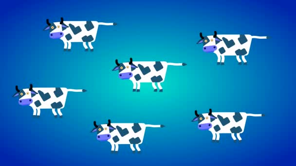 Abstrakter blauer Hintergrund mit weißen Kühen. Loopanimation mit flachen Charakteren, Tiere mit Hörnern und Schwänzen blinzeln und wackeln.