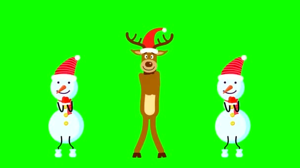 Jeleń Czerwonym Kapeluszu Dwóch Bałwanów Tańczących Zielonym Tle Pętli Animacji — Wideo stockowe