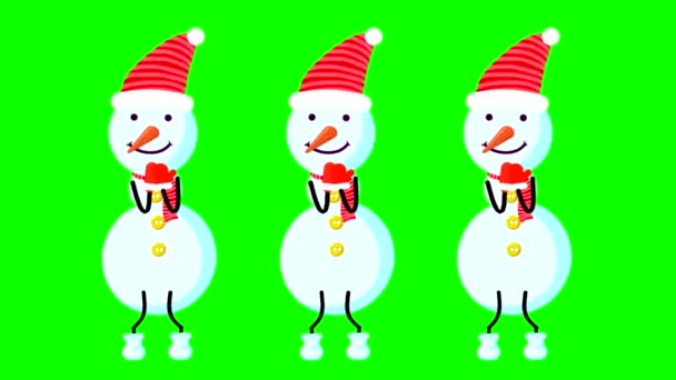 三个头戴红帽 头戴胡萝卜鼻子的雪人在绿色的背景上跳舞 用循环动画剪下背景来创作卡通片 — 图库视频影像