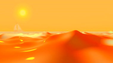 Yüksek dalgalı soyut deniz manzarası ve gökyüzündeki güneş 3 boyutlu program. Renkli suyla yüksek kaliteli 4K animasyon. Ufukta beyaz yelkenli bir yat..