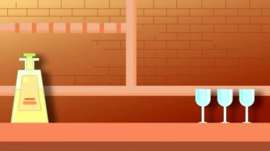 Barın arka planında boyalı şarap şişeleri ve bardaklar olan animasyon. Dans eden nesnelerle donatılmış yüksek kalite 4K çizgi film.