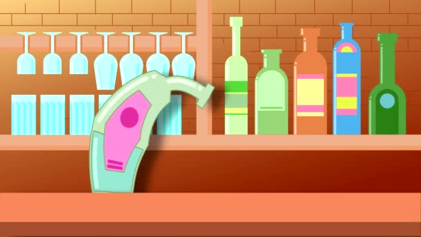 Animación Con Botellas Vino Pintadas Copas Fondo Del Bar Dibujos — Vídeos de Stock