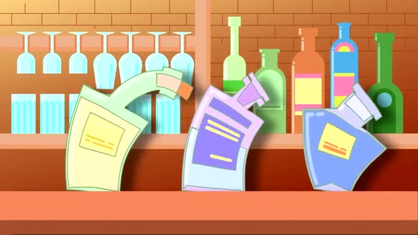 在酒吧的背景上画着酒瓶和酒杯的动画 五彩斑斓的高质量4K漫画 配有舞蹈物品 — 图库视频影像