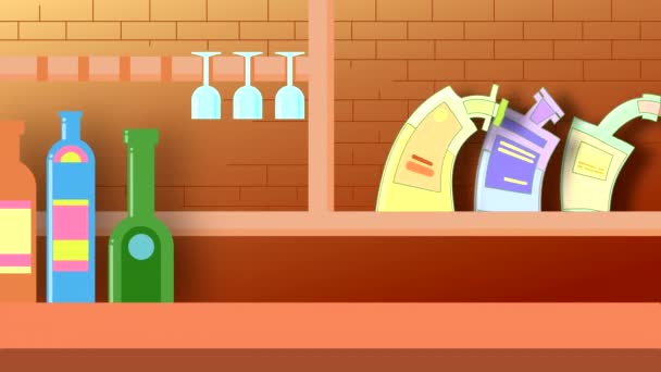 在酒吧的背景上画着酒瓶和酒杯的动画 五彩斑斓的高质量4K漫画 配有舞蹈物品 — 图库视频影像