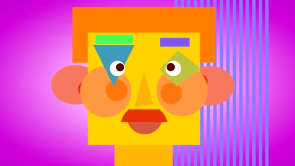 紫色のグラデーションの背景に動く顔の要素を持つ正方形の頭の抽象アニメーション — ストック動画