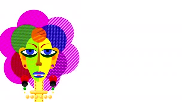 Streszczenie Malowane Głowę Dziewczyny Wielokolorowymi Elementami Twarzy Obracające Się Oczy — Wideo stockowe