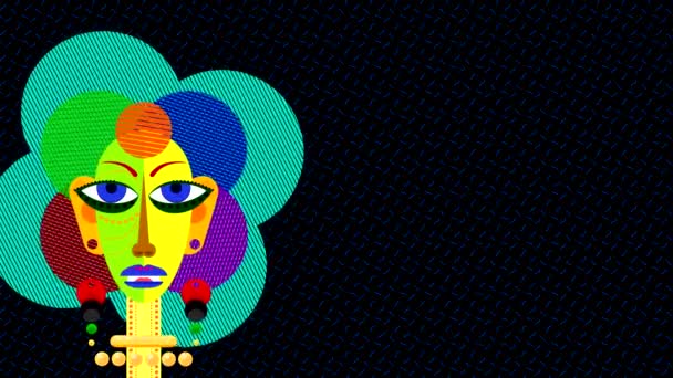 Abstraktní Malovaná Dívčí Hlava Pestrobarevnými Obličejovými Prvky Otočnýma Očima Vlasy — Stock video