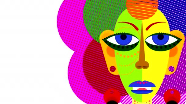 Abstraktní Malovaná Dívčí Hlava Pestrobarevnými Obličejovými Prvky Otočnýma Očima Vlasy — Stock video