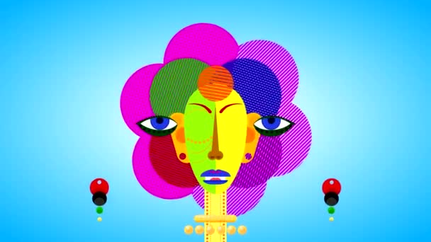 Streszczenie Malowane Głowę Dziewczyny Wielokolorowymi Elementami Twarzy Obracające Się Oczy — Wideo stockowe