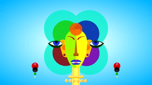 Abstract Painted Girl Head Multi Colored Face Elements Rotating Eyes — Stock Video