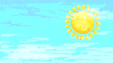 Mavi gökyüzü, sarı güneş ve beyaz bulutlarla el yapımı animasyon çizimi. Doğa ile soyut arkaplan.