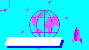 Bir küre ve mavi arka planda bir uydu ile uzay temalı çizimlerin döngülü animasyonu. Düz çizim ve yüzeyde hareketlilik. Kopyalama, harf ve metin için beyaz boşluk.