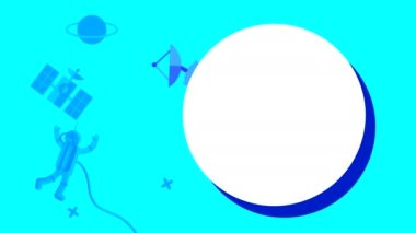 Bir küre ve mavi arka planda bir uydu ile uzay temalı çizimlerin döngülü animasyonu. Düz çizim ve yüzeyde hareketlilik. Kopyalama, harf ve metin için beyaz boşluk.