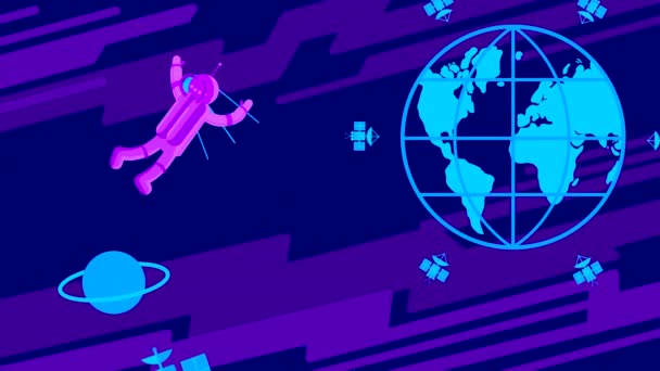 宇宙飛行士は 足を動かすことで宇宙空間を飛行し ロケットや衛星とともに腕を振っています 様式化された背景を持つループアニメーションフラット図面 — ストック動画