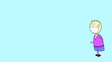 Maskeli çocuk aşı olmaya gider, ama durur ve düşünür. Mavi, gök mavisi üniforma arka planında soyut bir karaktere sahip el yapımı animasyon..