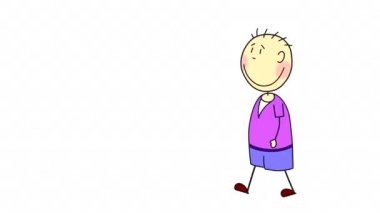 Çizilmiş çocuk beyaz bir arka planda yürüyor. Çocuk renk çiziminin döngülü animasyonu.