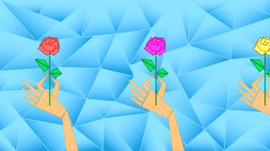 Mavi arka planda güllerle kadın eli animasyonu. Çok renkli çiçekli düşük polimerli çizim.