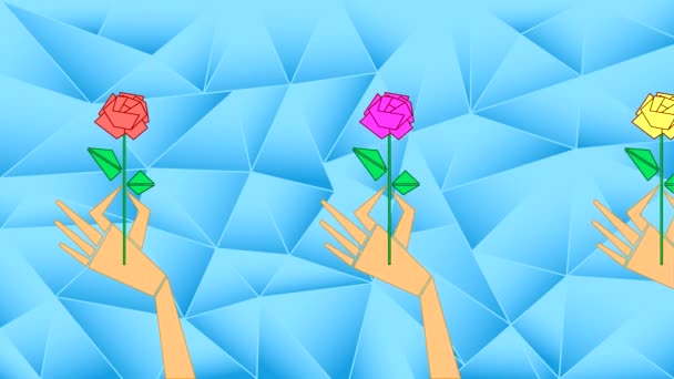 Animación Bucle Manos Femeninas Con Rosas Sobre Fondo Azul Dibujo — Vídeos de Stock