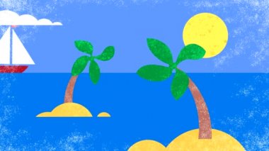 Yelkenli gemi denizde yüzüyor. Palmiyelerle, bulutlarla, güneşle boyanmış deniz manzarası. Animasyon el çizimi resimler. Toz ve leke lekeleri olan düz çocuksu şekiller..