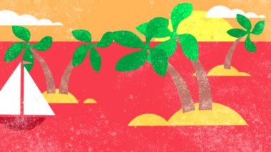 Yelkenli gemi denizde yüzüyor. Palmiyelerle, bulutlarla, güneşle boyanmış deniz manzarası. Animasyon el çizimi resimler. Toz ve leke lekeleri olan düz çocuksu şekiller..