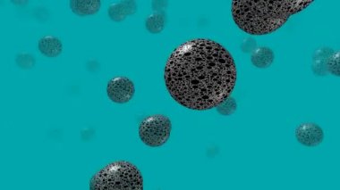 Abstract background with jumping and rotating dark balls in a green fog close-up.