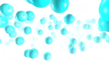 Beach balls fly and jump against a white background. 3D animation of round objects with bright colors on the background of a fog in the fog.