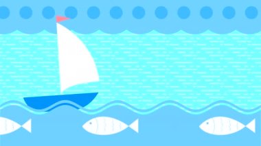 Seascape with waves, clouds and sailboat. Abstract looping animation with moving pictures.