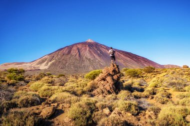 Sırtı kayanın üstünde dağa bakan bir adam.