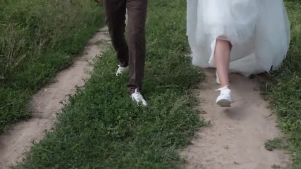 La novia y el novio están caminando en zapatillas de deporte a través del campo — Vídeo de stock