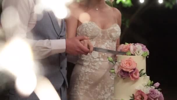 Braut und Bräutigam schneiden eine wunderschöne Hochzeitstorte an — Stockvideo