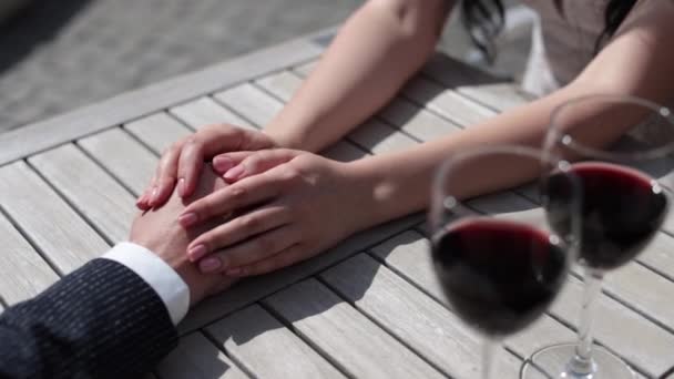 The bride strokes the grooms hand near the glasses — Stock Video