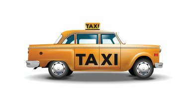 Vector graphic yellow, retro Taxi cab on white background with black Taxi sign