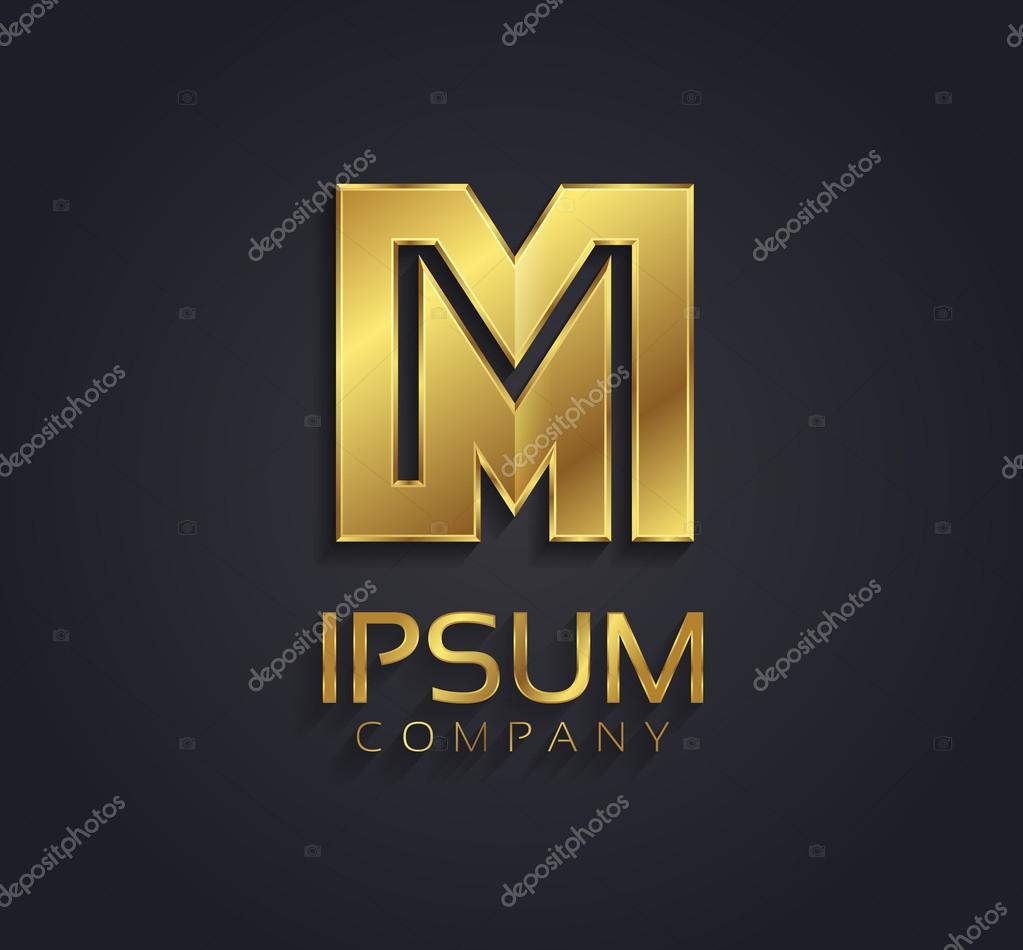 Golden metallic themed shining metallic 3D symbol capital letter M - uppercase isolated on black