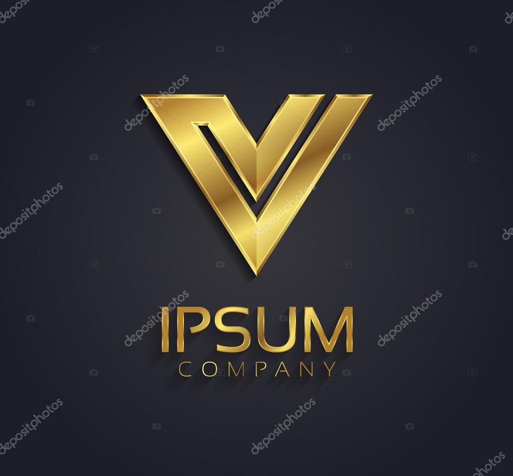 Golden metallic themed shining metallic 3D symbol capital letter V - uppercase isolated on black