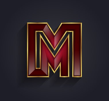 Beautiful vector graphic ruby alphabet with gold rim letter M symbol